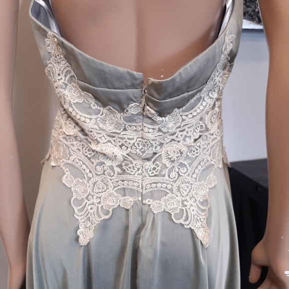 Vintage Joseph Ribkoff Halter Dress Sage Green Gold Crochet Maxi Sleeveless Gown - Picture 9 of 16